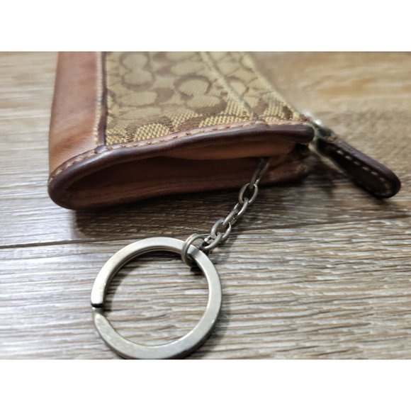 Coach Brown Signature Canvas Leather Trim Women Card Holder Wallet Keyring Zip - Picture 6 of 9